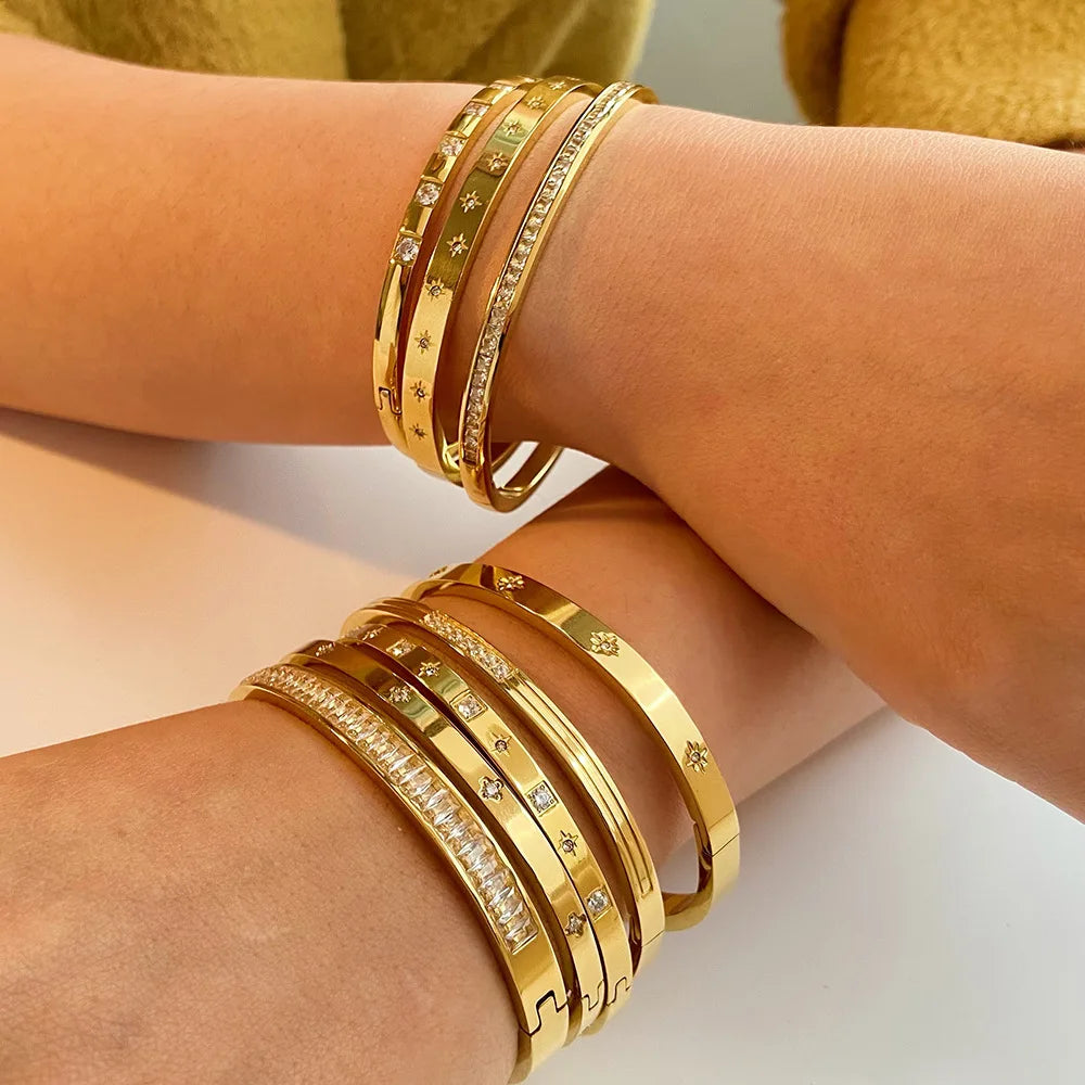 New Waterproof Cubic Zirconia Bangles Stainless Steel Bracelets Tarnish Free Jewelry for Women Factory Wholesales Customize