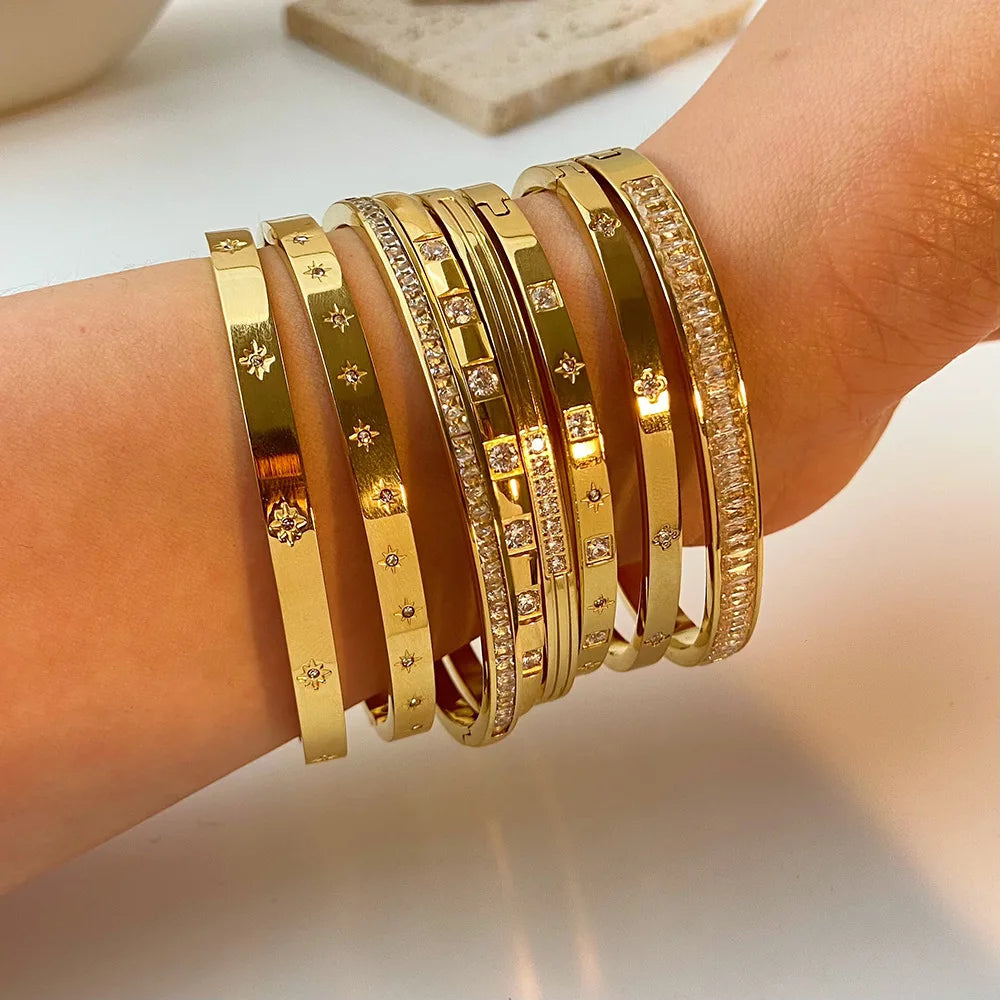 New Waterproof Cubic Zirconia Bangles Stainless Steel Bracelets Tarnish Free Jewelry for Women Factory Wholesales Customize