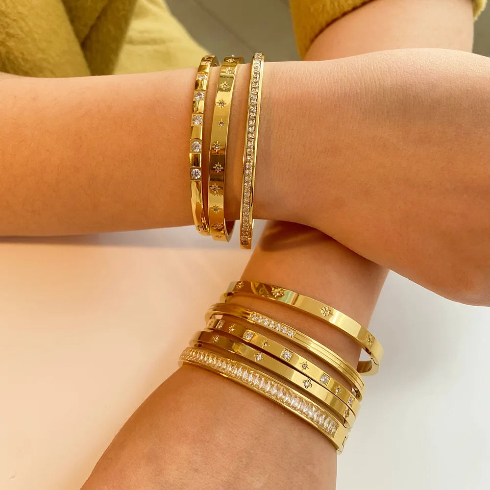 New Waterproof Cubic Zirconia Bangles Stainless Steel Bracelets Tarnish Free Jewelry for Women Factory Wholesales Customize