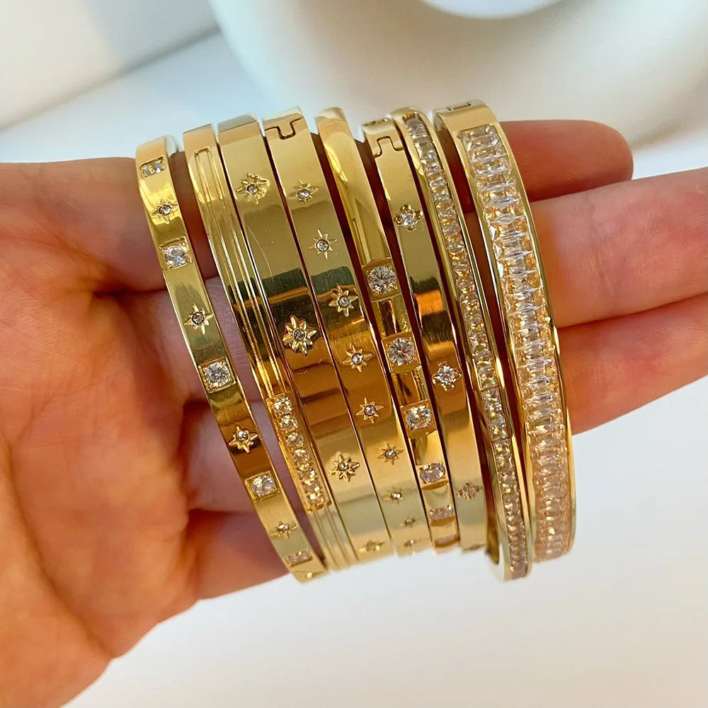 New Waterproof Cubic Zirconia Bangles Stainless Steel Bracelets Tarnish Free Jewelry for Women Factory Wholesales Customize