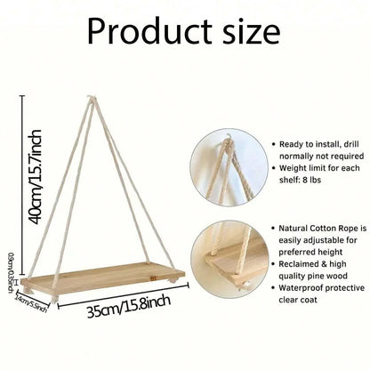 1PC Wooden Swing Hanging Hemp Rope Wall Shelve Mounted Floating Home Living Room Plant Flower Pot Tray Storage Garden Decoration