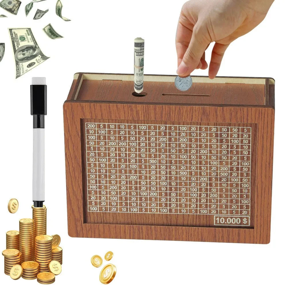 Wooden Piggy Banks, Dollar Cash Boxes, Reusable Assembled Cash Boxes, Home Decorations, with Savings Goals and Figures