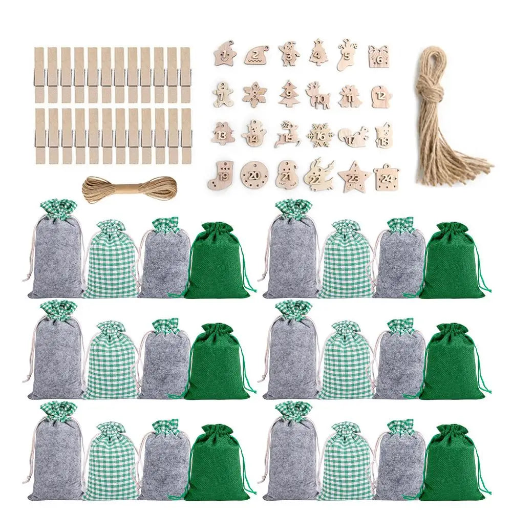 Christmas Advent Calendar Bags Set 24 Days Countdown Advent Calendar Gift Drawstring Bags DIY Xmas Ornaments With Clips