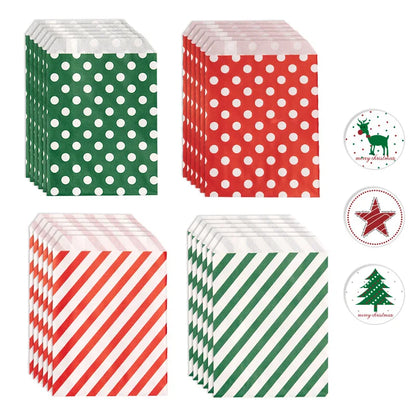 24Pcs Christmas Paper Treat Bags Polka Dot Striped Pattern Candy Buffet Bags with stickets for Xmas Party Favor Paper Gift Bags