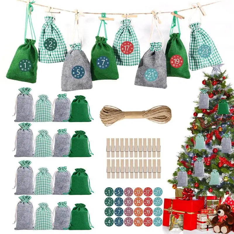 Christmas Advent Calendar Bags Set 24 Days Countdown Advent Calendar Gift Drawstring Bags DIY Xmas Ornaments With Clips